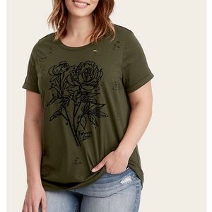 Torrid distressed olive green flower tee size 4